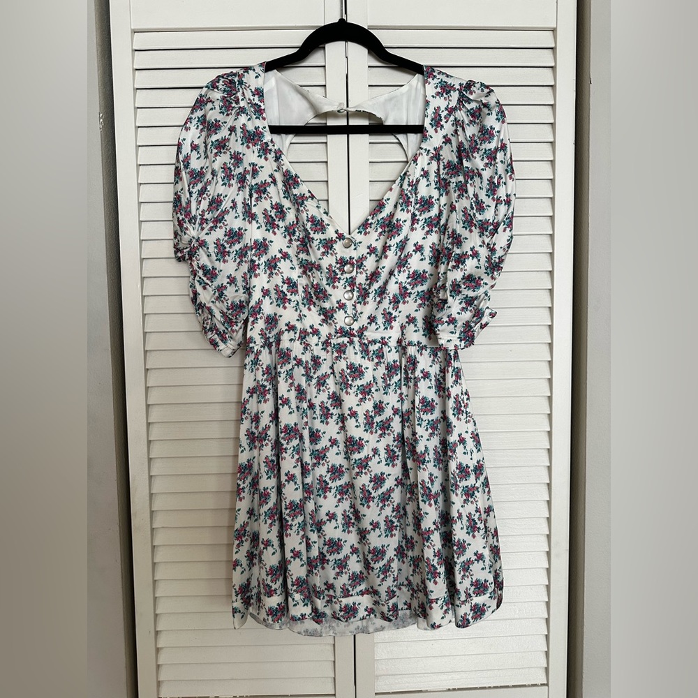 For Love & Lemons White Floral Mini Dress with Pink and Green Print